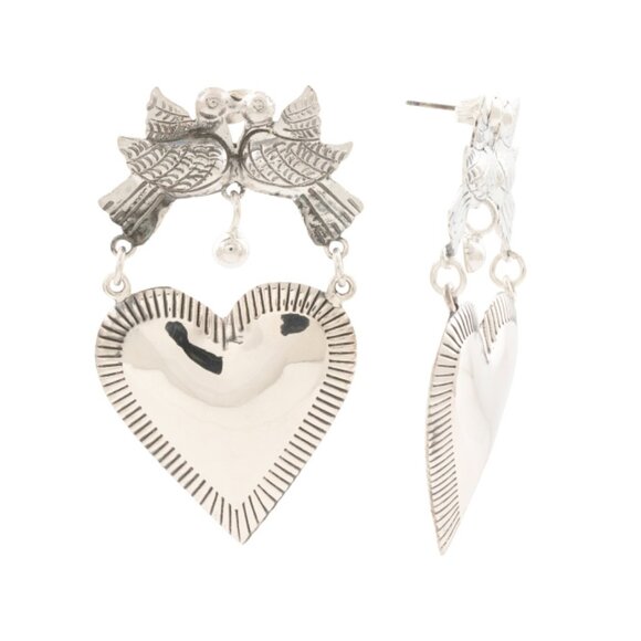 SEED & SAGE Silver Made In Mexico Sterling Silver Frida Heart Birds Earrings - Picture 1 of 2